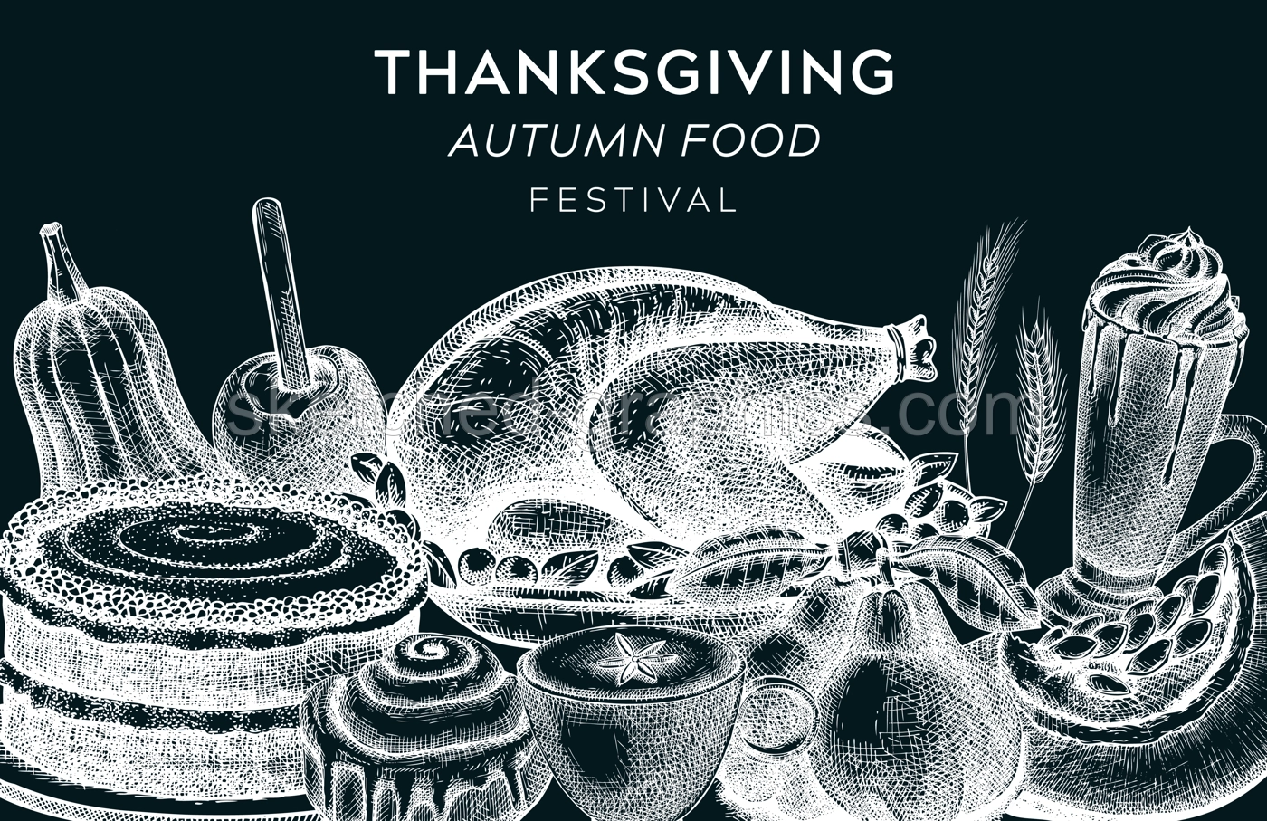 Thanksgiving dinner banner. Popular holiday menu - roasted turkey, pumpkins, baking cakes, hot drinks sketches. Vintage autumn food template. Vector Thanksgiving background on chalkboard  Illustration